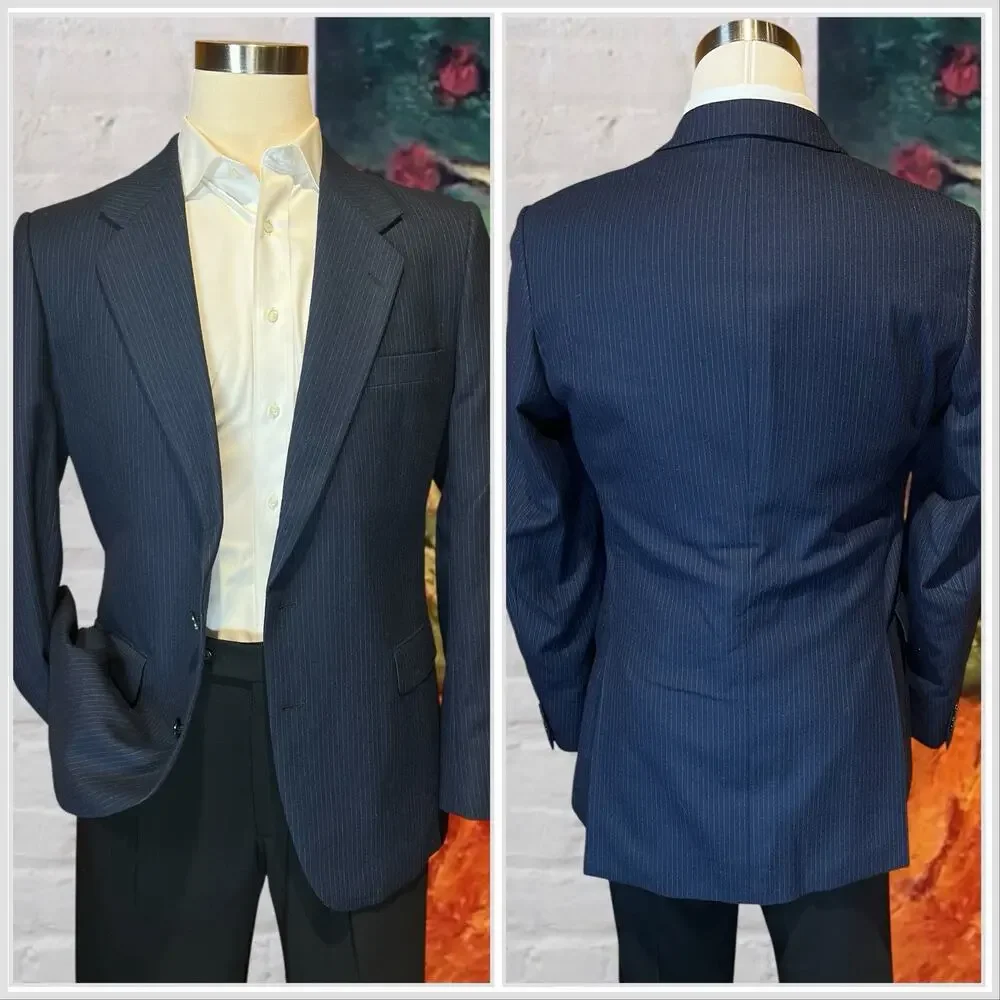 Vtg Yves Saint Laurent France 40L Navy Blue Tonal Stripe Flannel Blazer